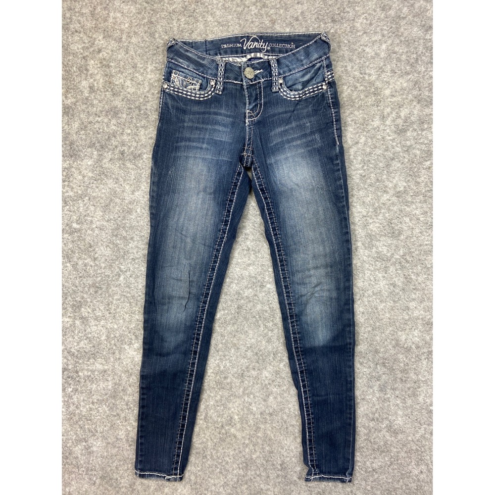 Vanity Collection Womens Jeans Blue Denim Embellished Pockets Skinny Leg 24W 32L
